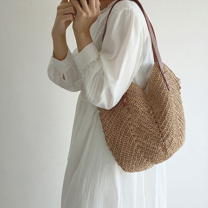 Rounded Straw Shoulder Tote with Brown Cross-Stitched Handles