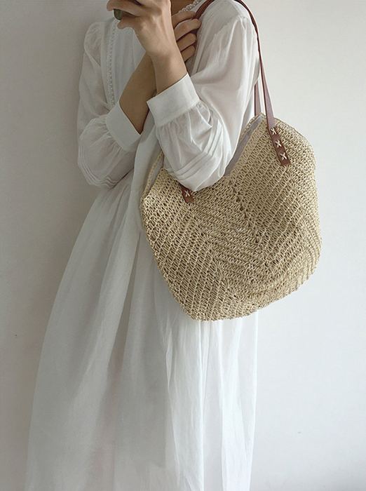 Rounded Straw Shoulder Tote with Brown Cross-Stitched Handles