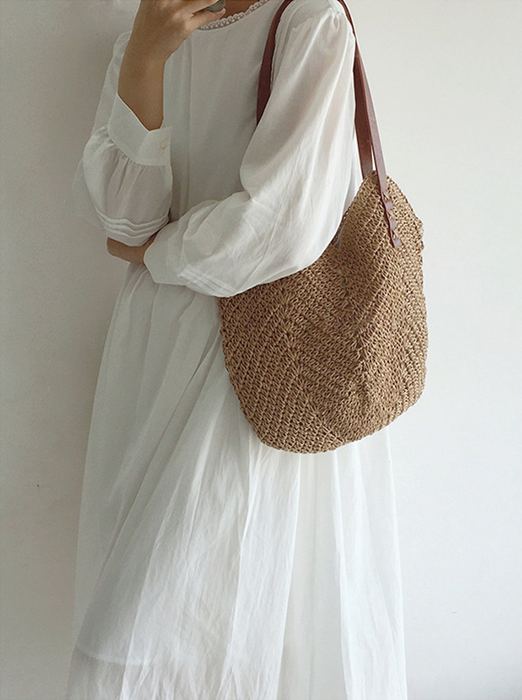 Rounded Straw Shoulder Tote with Brown Cross-Stitched Handles