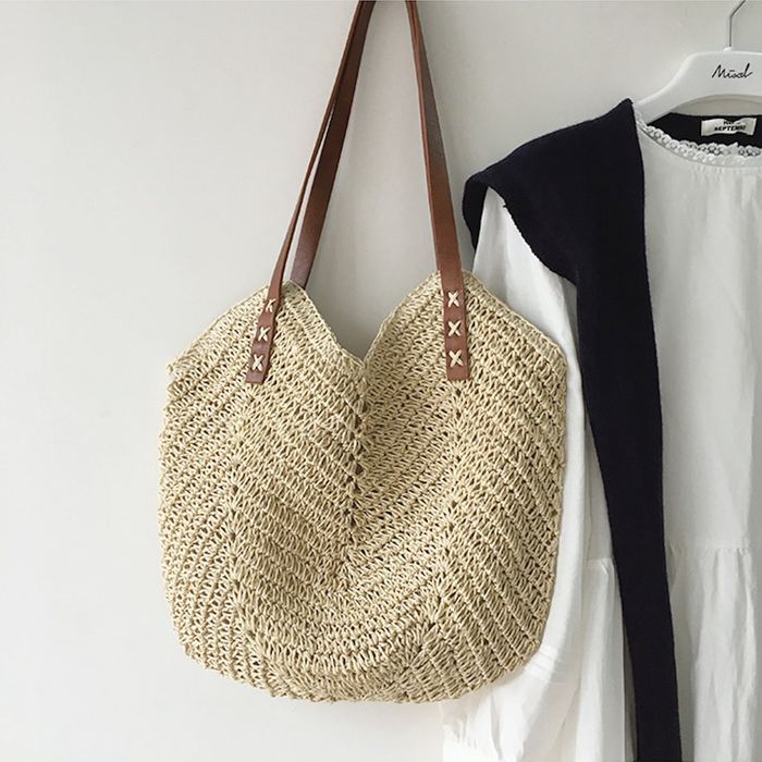 Rounded Straw Shoulder Tote with Brown Cross-Stitched Handles