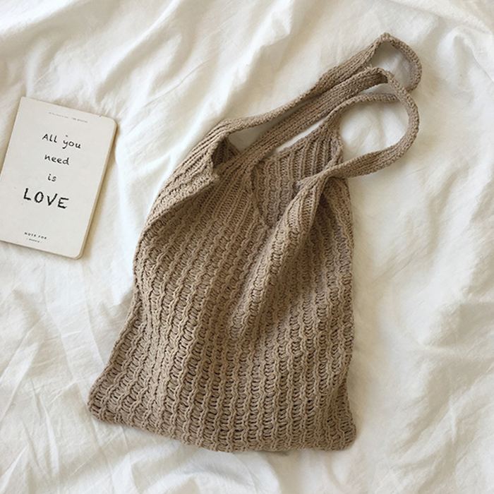 Tall Cotton Knit Shoulder Tote with Vertical Cable Texture