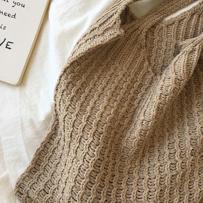Tall Cotton Knit Shoulder Tote with Vertical Cable Texture