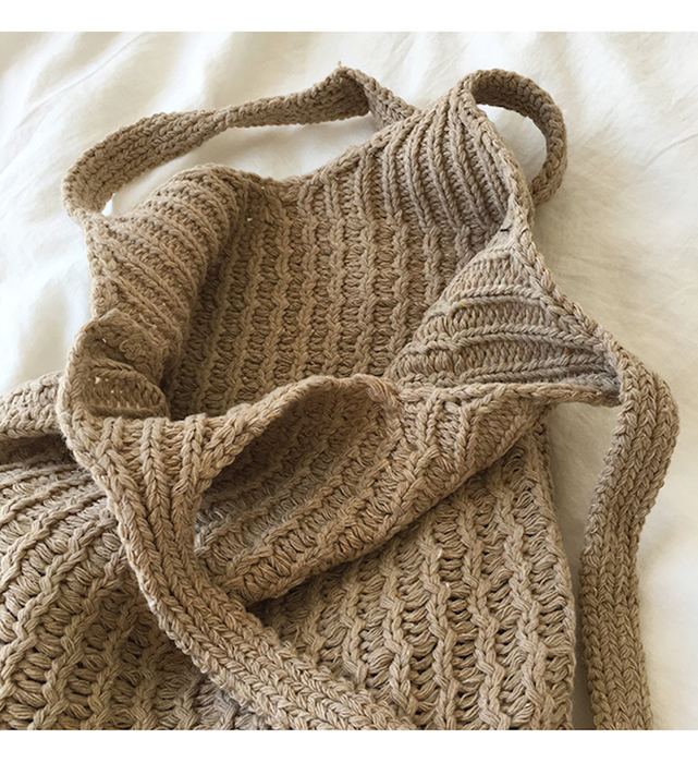 Tall Cotton Knit Shoulder Tote with Vertical Cable Texture