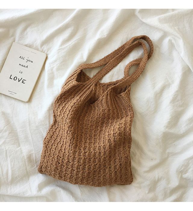 Tall Cotton Knit Shoulder Tote with Vertical Cable Texture