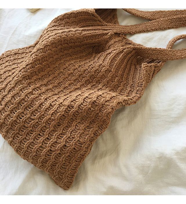 Tall Cotton Knit Shoulder Tote with Vertical Cable Texture