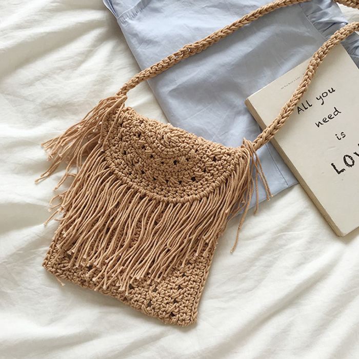 Small Crochet Crossbody Bag with Curved Fringe Panel