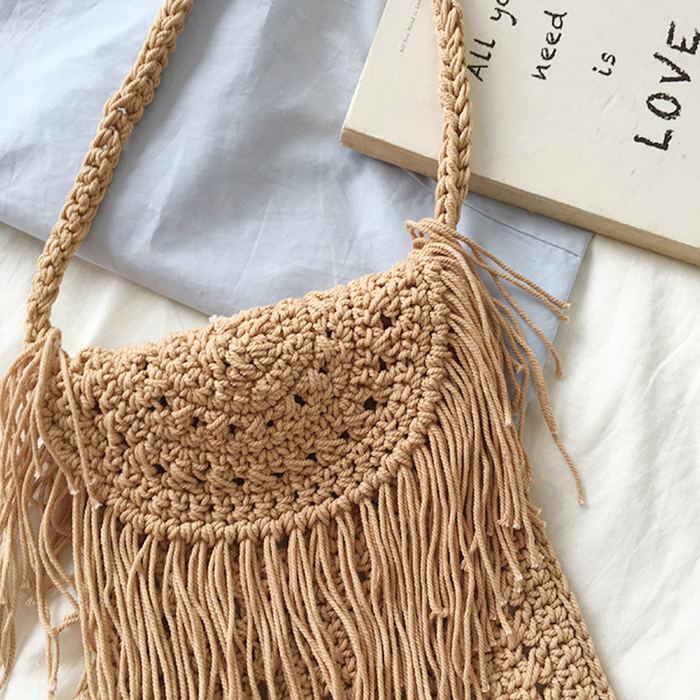 Small Crochet Crossbody Bag with Curved Fringe Panel