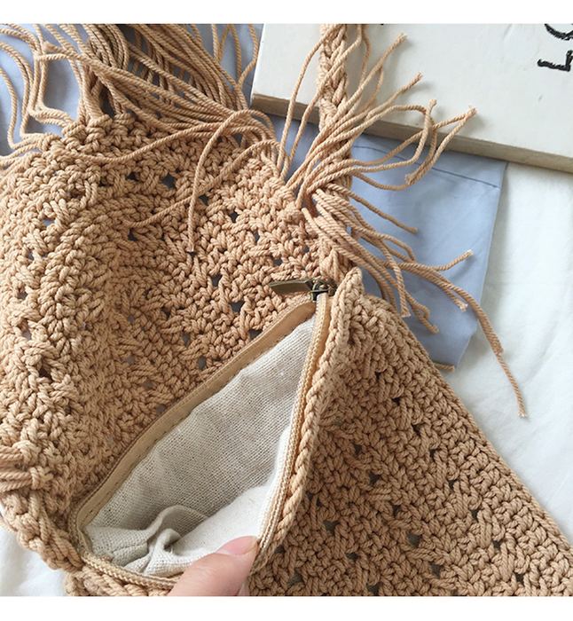 Small Crochet Crossbody Bag with Curved Fringe Panel