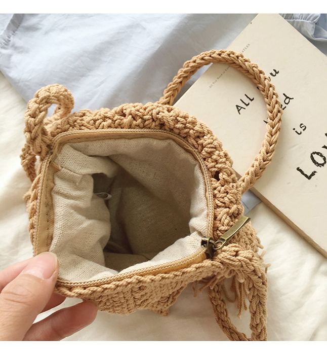 Small Crochet Crossbody Bag with Curved Fringe Panel