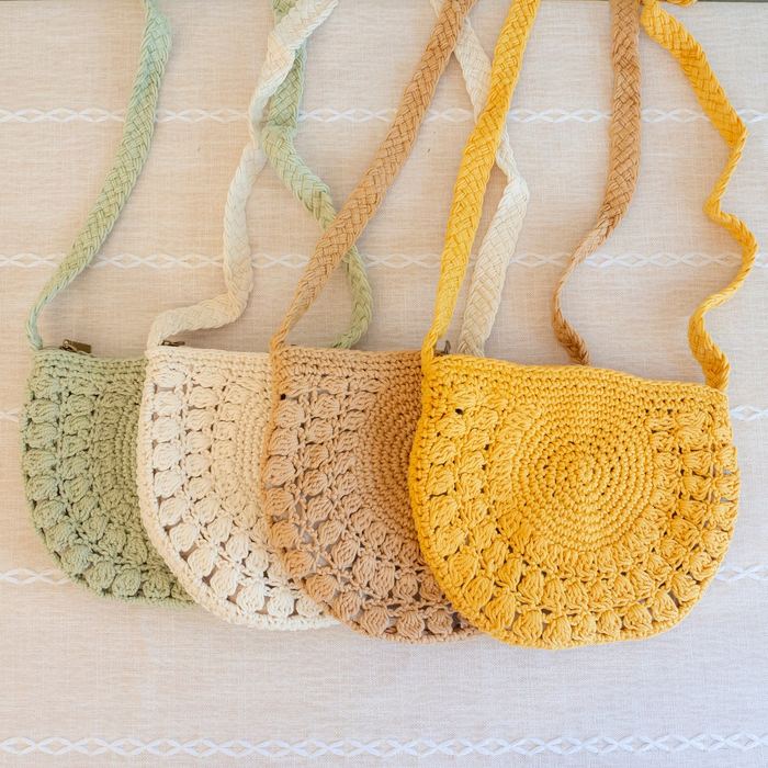 Small Half-Moon Cotton Knit Crossbody Bag with Fan Pattern