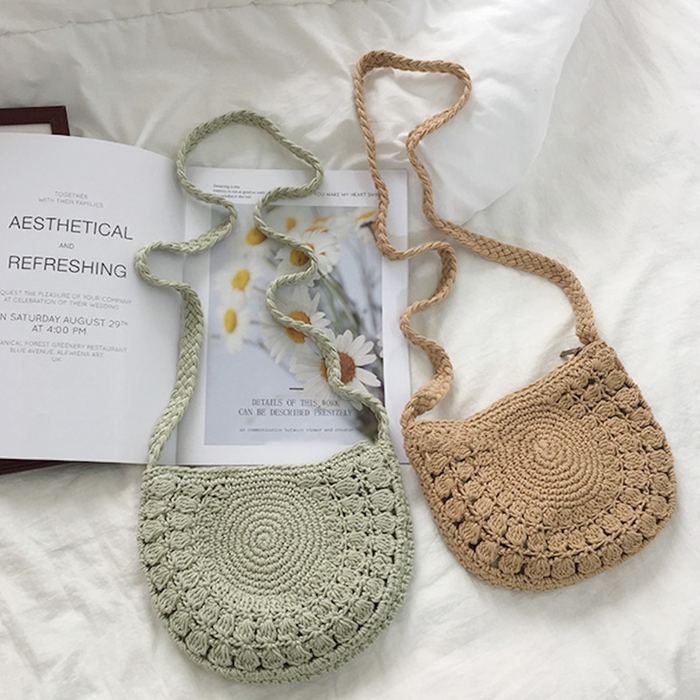 Small Half-Moon Cotton Knit Crossbody Bag with Fan Pattern