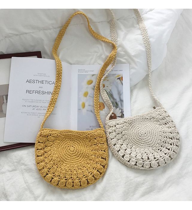 Small Half-Moon Cotton Knit Crossbody Bag with Fan Pattern