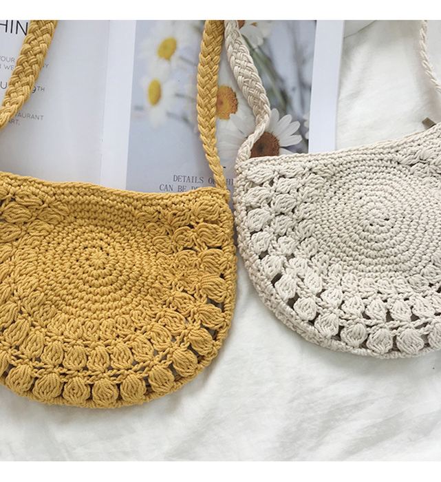 Small Half-Moon Cotton Knit Crossbody Bag with Fan Pattern