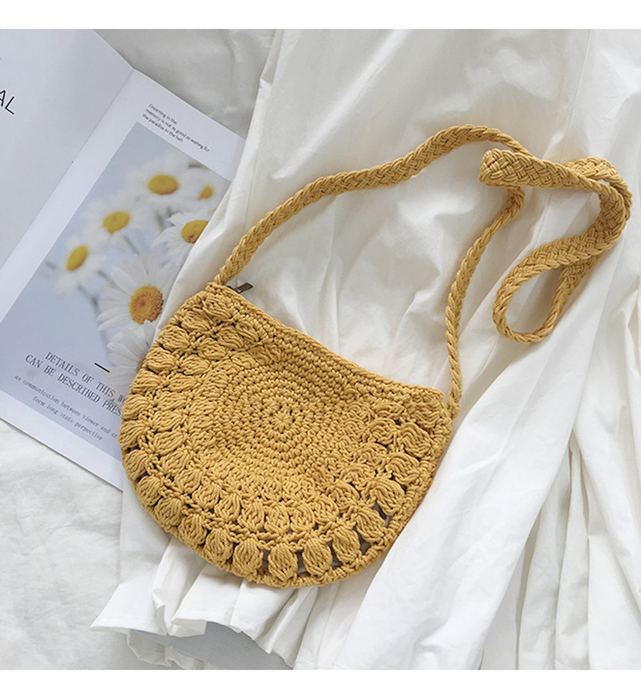 Small Half-Moon Cotton Knit Crossbody Bag with Fan Pattern