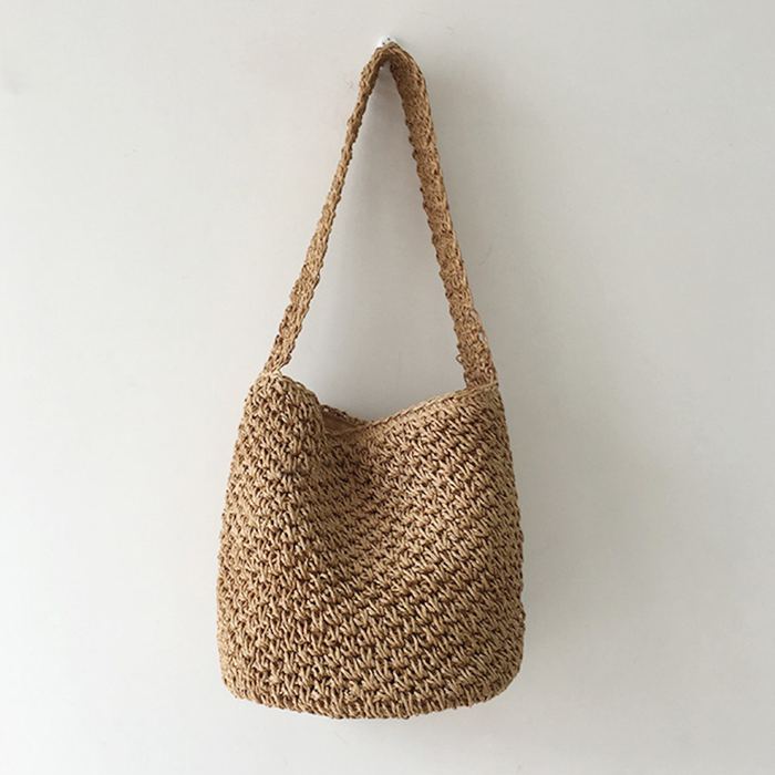 Textured Straw Bucket Shoulder Bag with Wide Matching Strap
