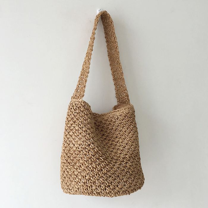 Textured Straw Bucket Shoulder Bag with Wide Matching Strap