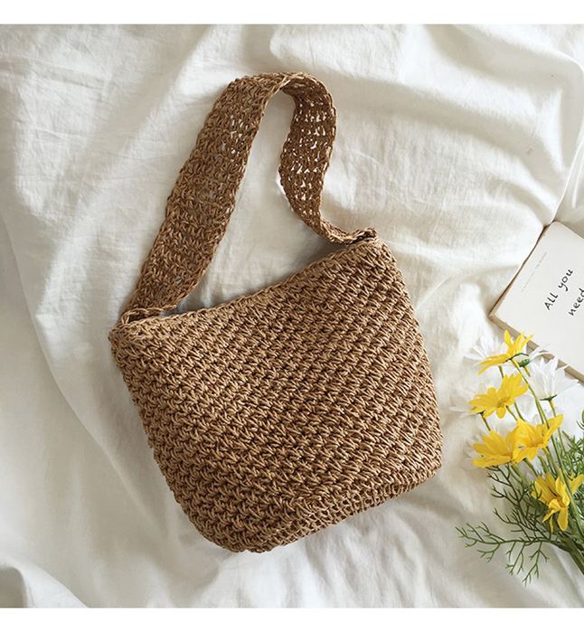 Textured Straw Bucket Shoulder Bag with Wide Matching Strap