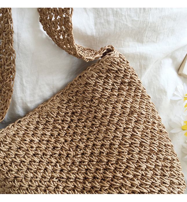 Textured Straw Bucket Shoulder Bag with Wide Matching Strap