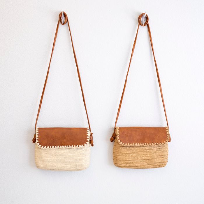 Straw Messenger Bag with Brown Whipstitched Flap