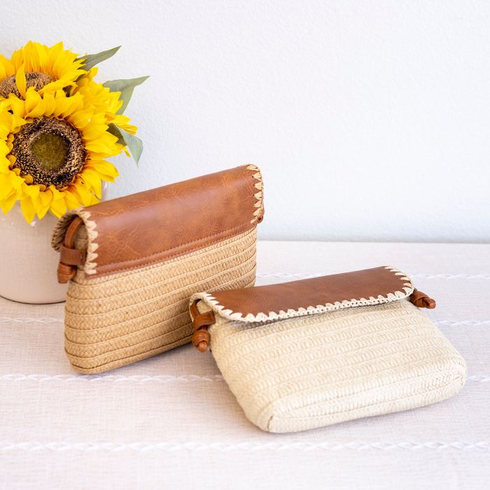 Straw Messenger Bag with Brown Whipstitched Flap