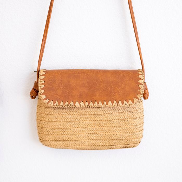 Straw Messenger Bag with Brown Whipstitched Flap