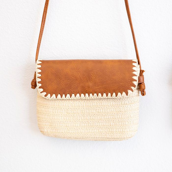 Straw Messenger Bag with Brown Whipstitched Flap