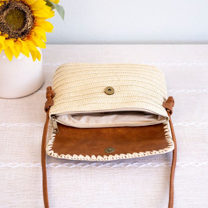 Straw Messenger Bag with Brown Whipstitched Flap