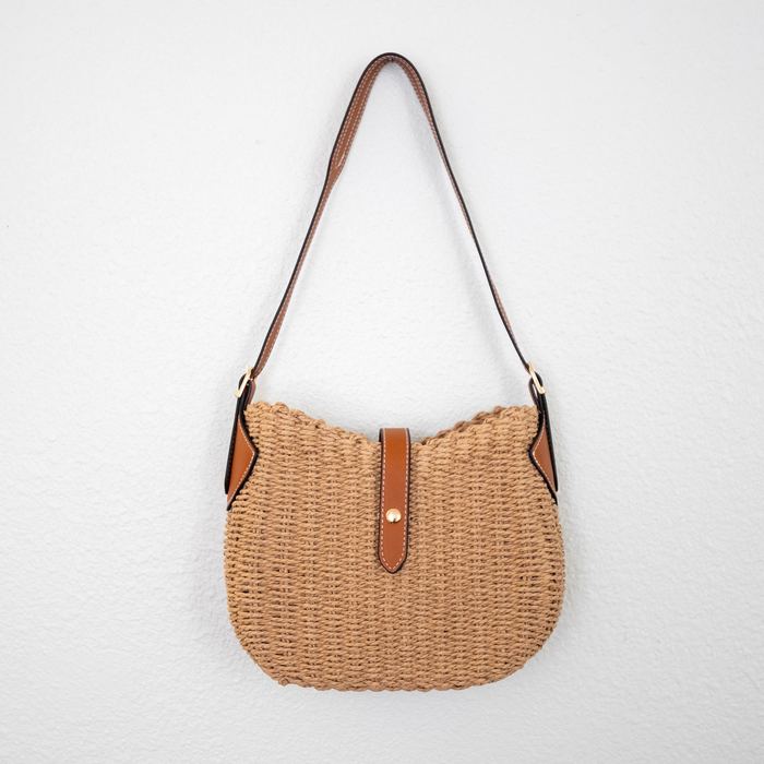 Rounded Straw Crossbody Bag with Brown Trim