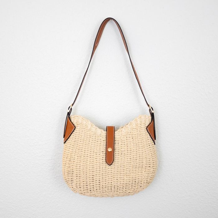 Rounded Straw Crossbody Bag with Brown Trim