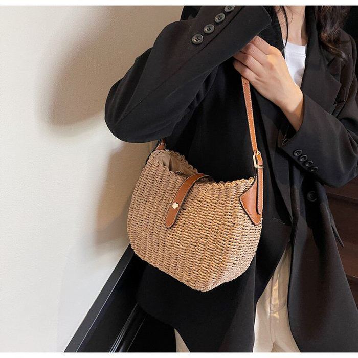 Rounded Straw Crossbody Bag with Brown Trim