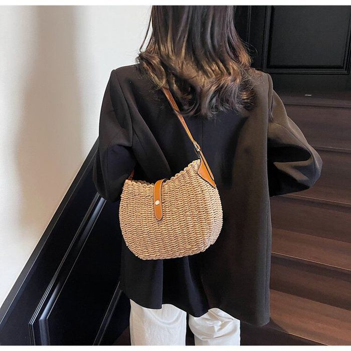 Rounded Straw Crossbody Bag with Brown Trim