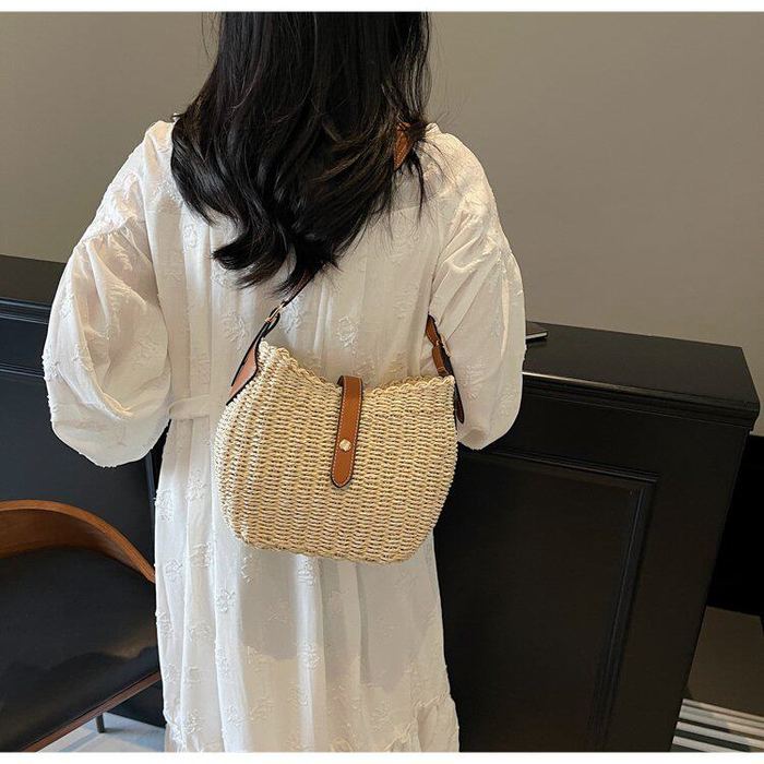Rounded Straw Crossbody Bag with Brown Trim