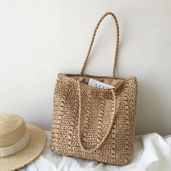 Square Straw Shoulder Tote with Twisted Woven Handles