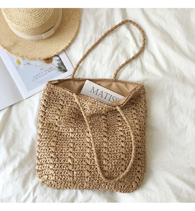 Square Straw Shoulder Tote with Twisted Woven Handles