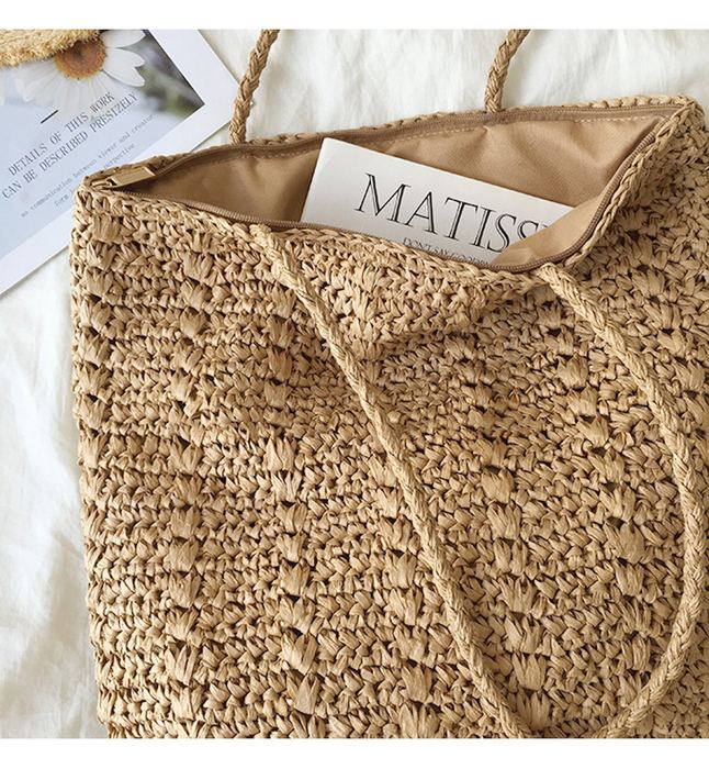 Square Straw Shoulder Tote with Twisted Woven Handles