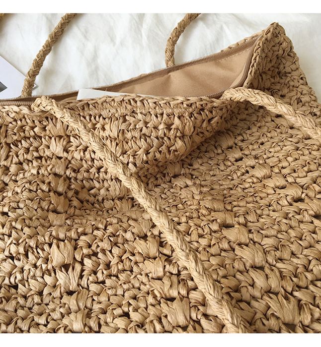 Square Straw Shoulder Tote with Twisted Woven Handles