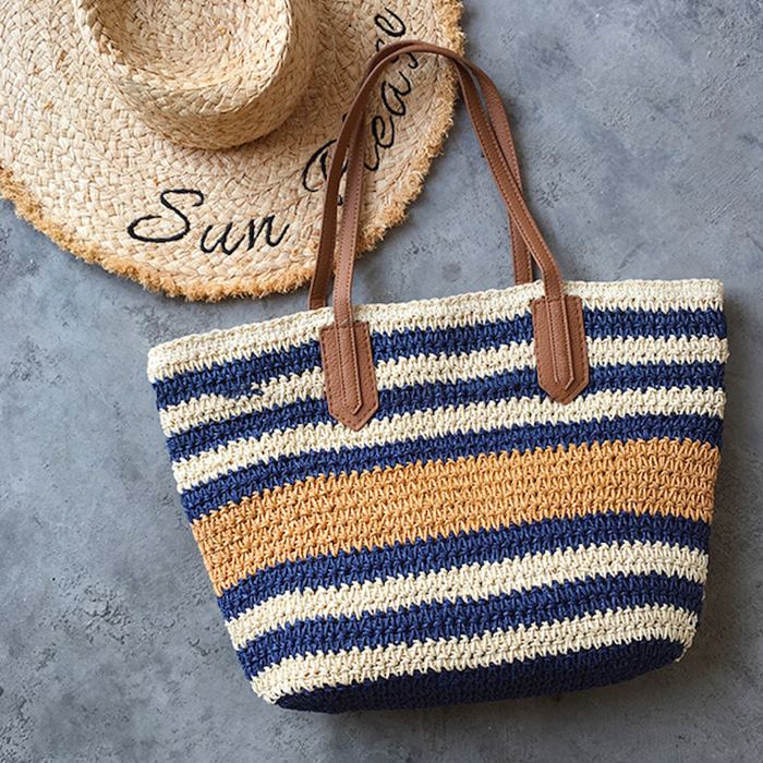 Large Navy, Cream and Tan Striped Straw Tote