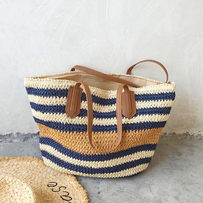 Large Navy, Cream and Tan Striped Straw Tote