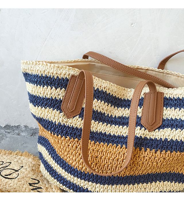 Large Navy, Cream and Tan Striped Straw Tote