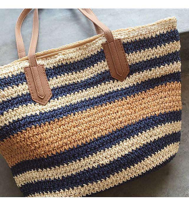 Large Navy, Cream and Tan Striped Straw Tote