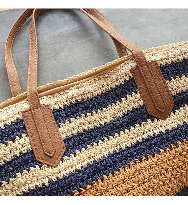 Large Navy, Cream and Tan Striped Straw Tote