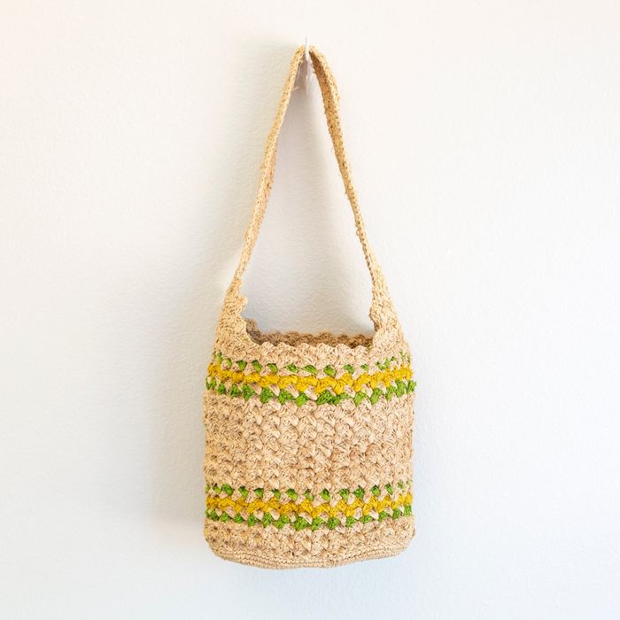 Raffia Bucket Shoulder Bag with Yellow and Green Stripe Bands
