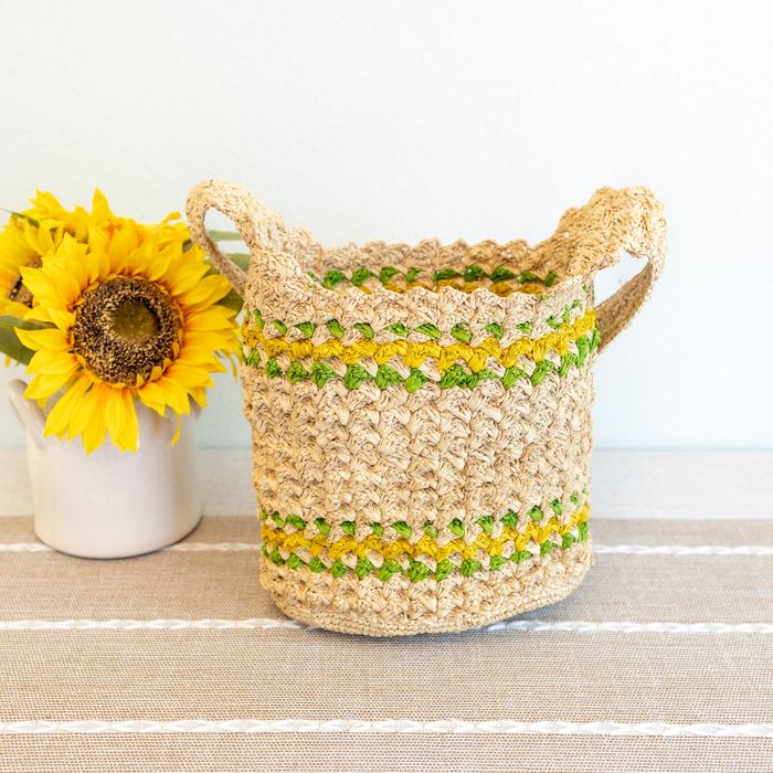 Raffia Bucket Shoulder Bag with Yellow and Green Stripe Bands
