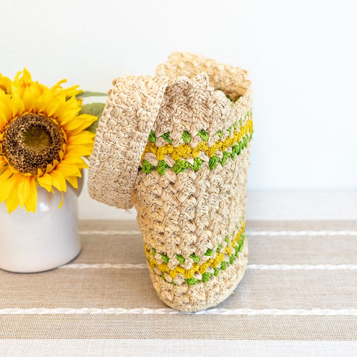 Raffia Bucket Shoulder Bag with Yellow and Green Stripe Bands