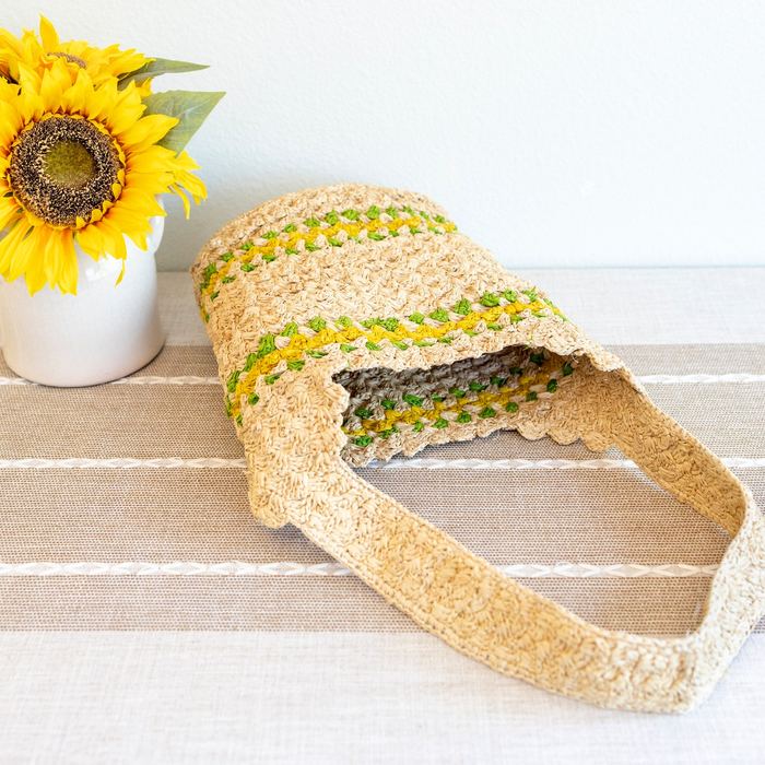 Raffia Bucket Shoulder Bag with Yellow and Green Stripe Bands