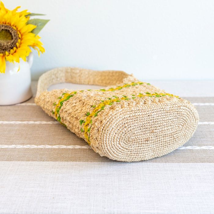 Raffia Bucket Shoulder Bag with Yellow and Green Stripe Bands