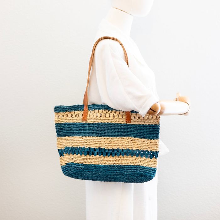Teal Striped Raffia Tote with Genuine Leather Handles