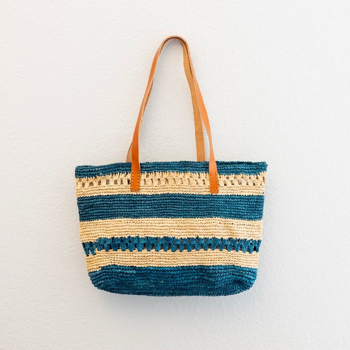 Teal Striped Raffia Tote with Genuine Leather Handles