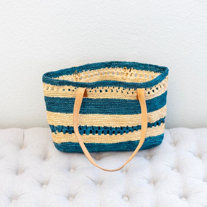 Teal Striped Raffia Tote with Genuine Leather Handles