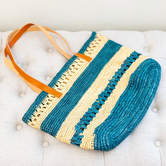 Teal Striped Raffia Tote with Genuine Leather Handles
